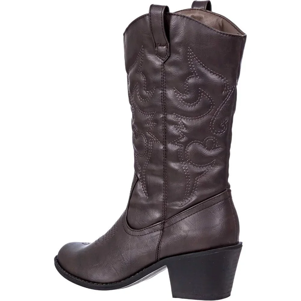 Women's Brown Mid Calf Boot Embroidered Stiching Western Cowgirl Boots Low Heel